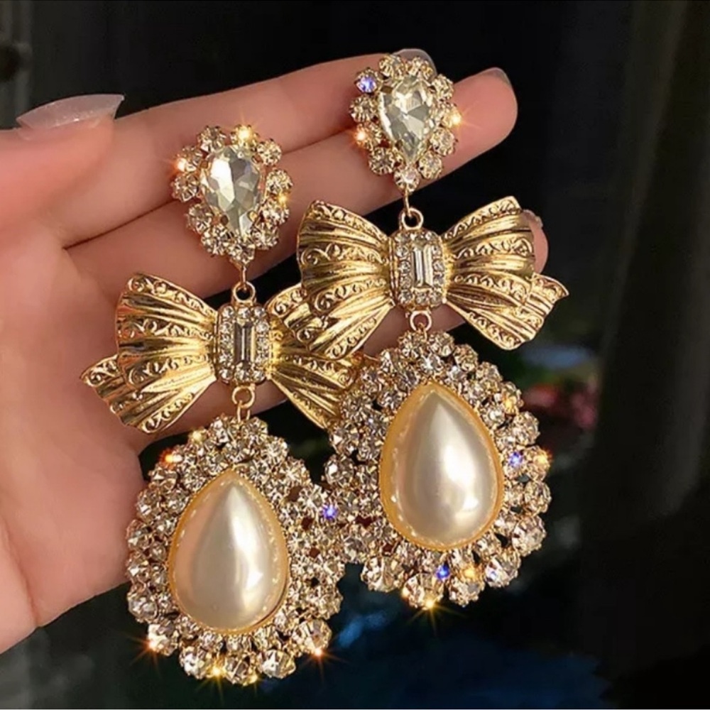 AMAZING! Vintage style earrings bow crystal rhinestones pearl BIG wedding bride